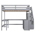 Gray Full Size Pine Wood Loft Bed with L-Shaped Desk and Storage