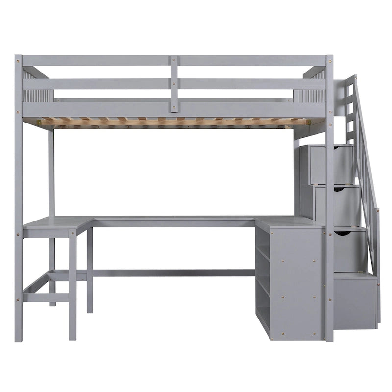 Gray Full Size Pine Wood Loft Bed with L-Shaped Desk and Storage