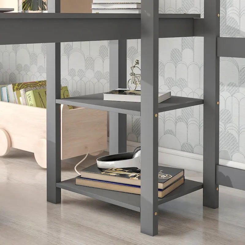 Grey Full Size Wood Loft Bed with Built-in Desk and Safety Guardrails