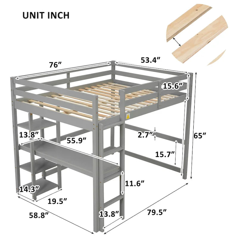 Lit mezzanine en pin massif avec bureau intégré, étagères de rangement et barrières de sécurité