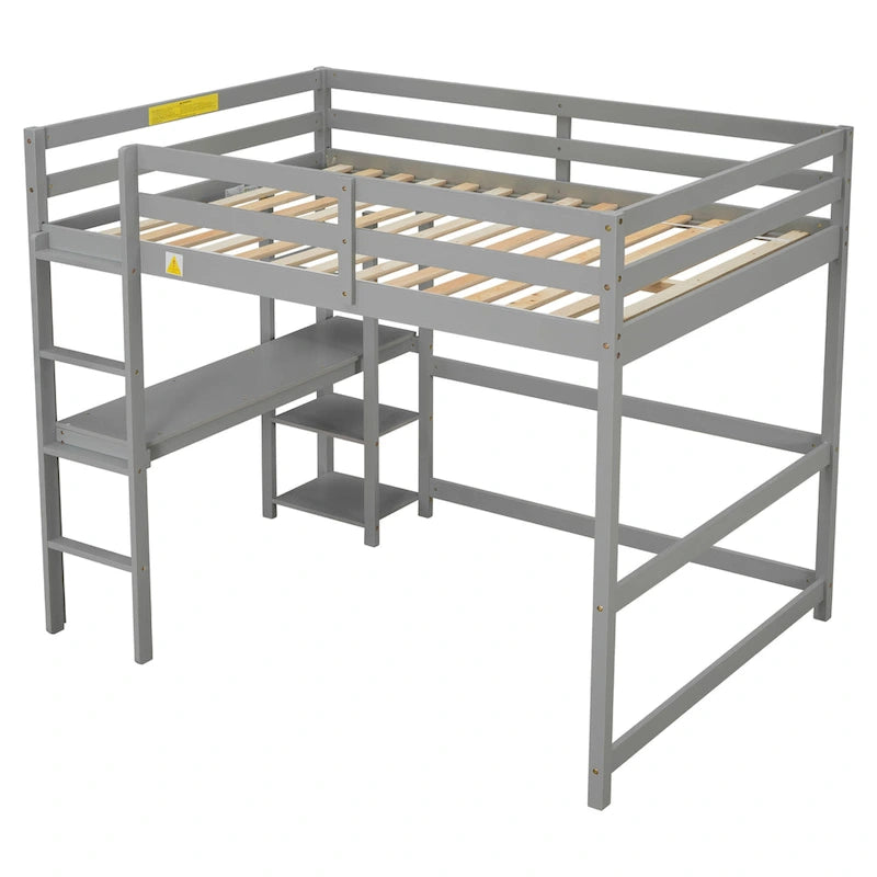 Lit mezzanine en pin massif avec bureau intégré, étagères de rangement et barrières de sécurité