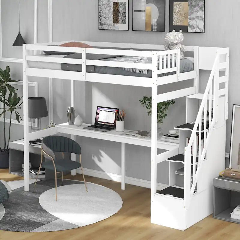 Lit mezzanine en pin, taille jumeau, avec bureau intégré et escalier de rangement