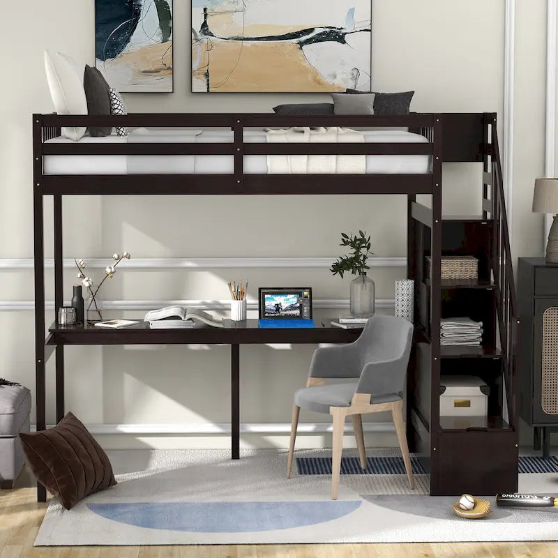 Lit mezzanine en pin, taille jumeau, avec bureau intégré et escalier de rangement