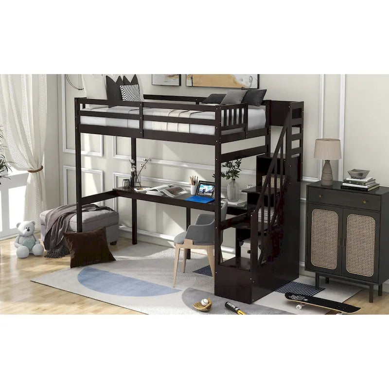Lit mezzanine en pin, taille jumeau, avec bureau intégré et escalier de rangement