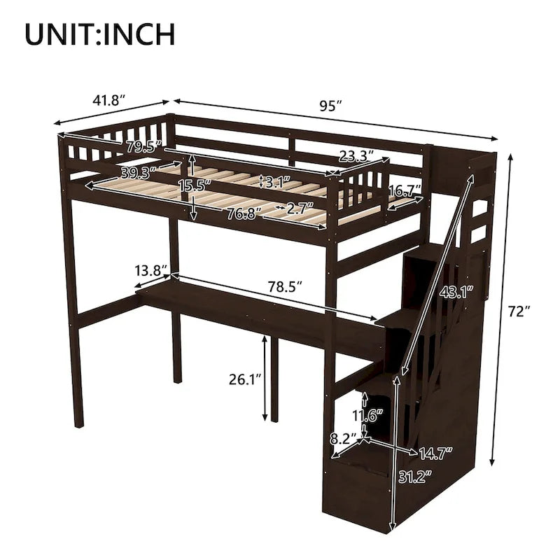 Lit mezzanine en pin, taille jumeau, avec bureau intégré et escalier de rangement