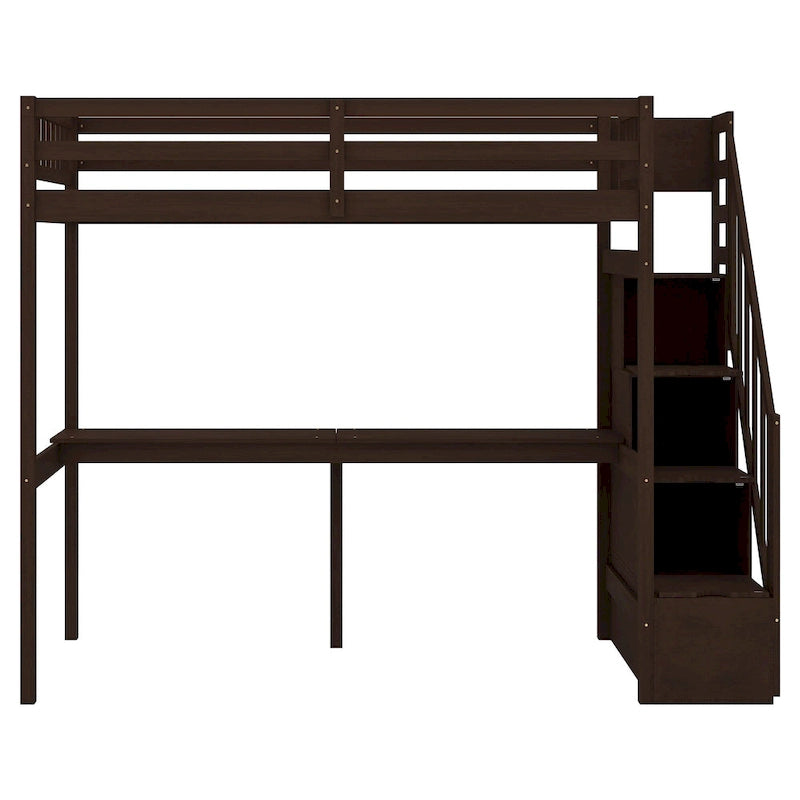 Lit mezzanine en pin, taille jumeau, avec bureau intégré et escalier de rangement