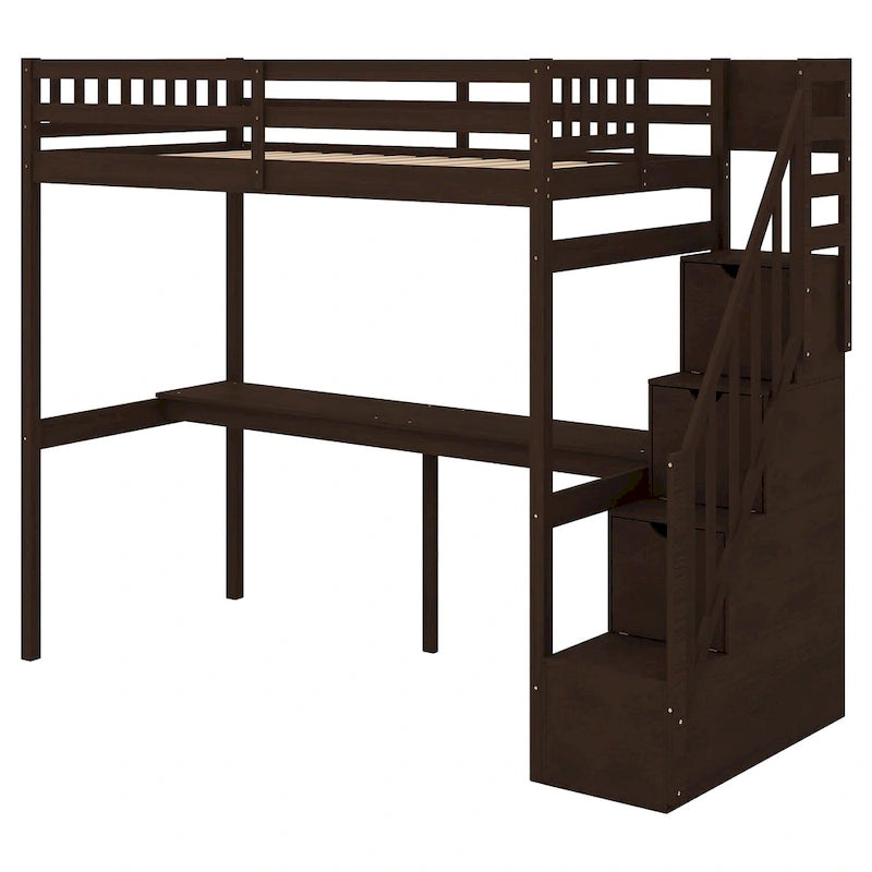 Lit mezzanine en pin, taille jumeau, avec bureau intégré et escalier de rangement