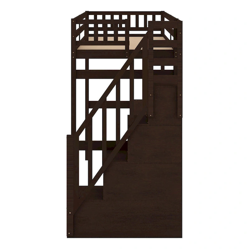 Lit mezzanine en pin, taille jumeau, avec bureau intégré et escalier de rangement