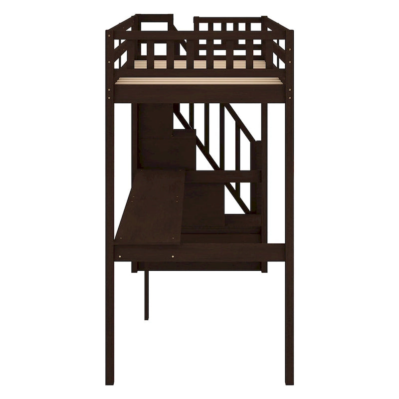 Lit mezzanine en pin, taille jumeau, avec bureau intégré et escalier de rangement
