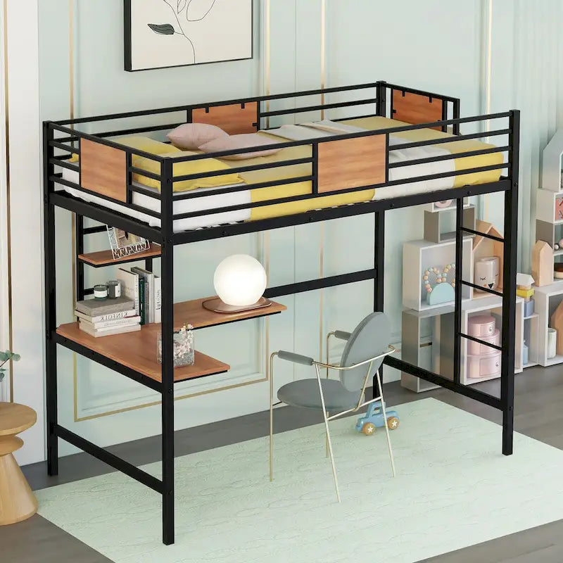 Black Twin Metal Loft Bed with Desk & Shelf