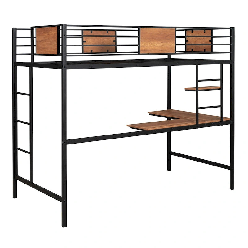 Lit mezzanine en métal avec bureau et étagère, taille simple