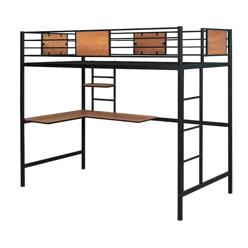Lit mezzanine en métal avec bureau et étagère, taille simple