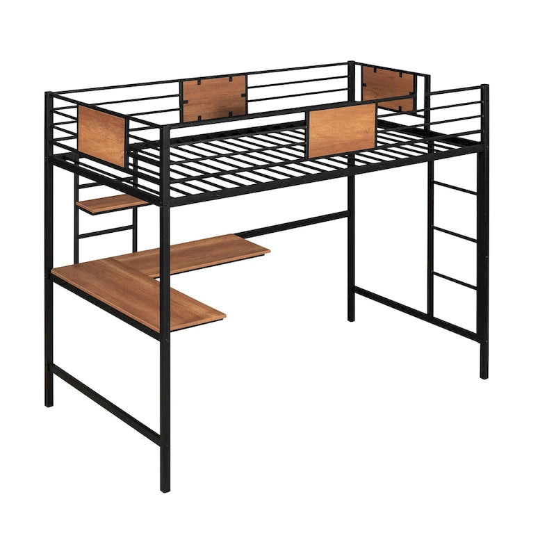Lit mezzanine en métal avec bureau et étagère, taille simple