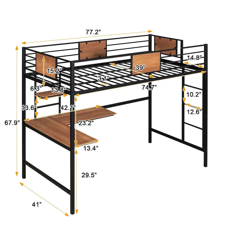 Lit mezzanine en métal avec bureau et étagère, taille simple