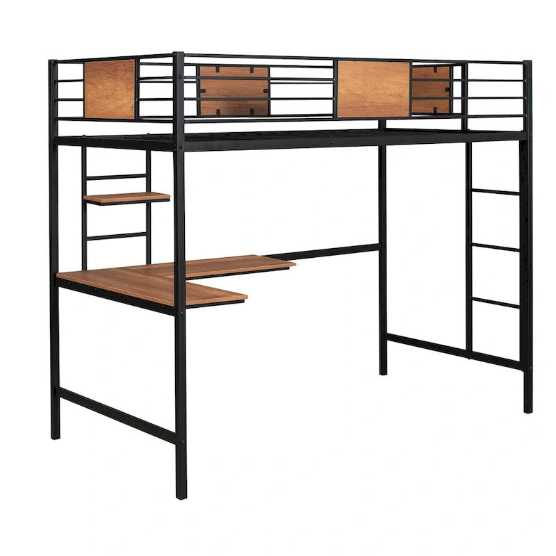 Lit mezzanine en métal avec bureau et étagère, taille simple