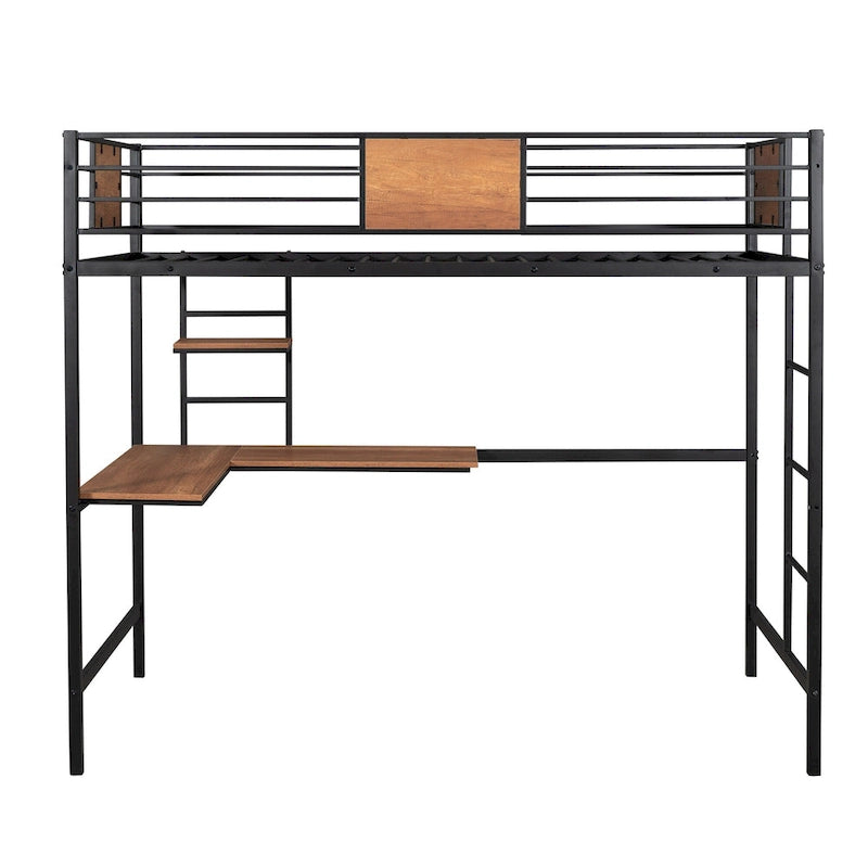 Lit mezzanine en métal avec bureau et étagère, taille simple
