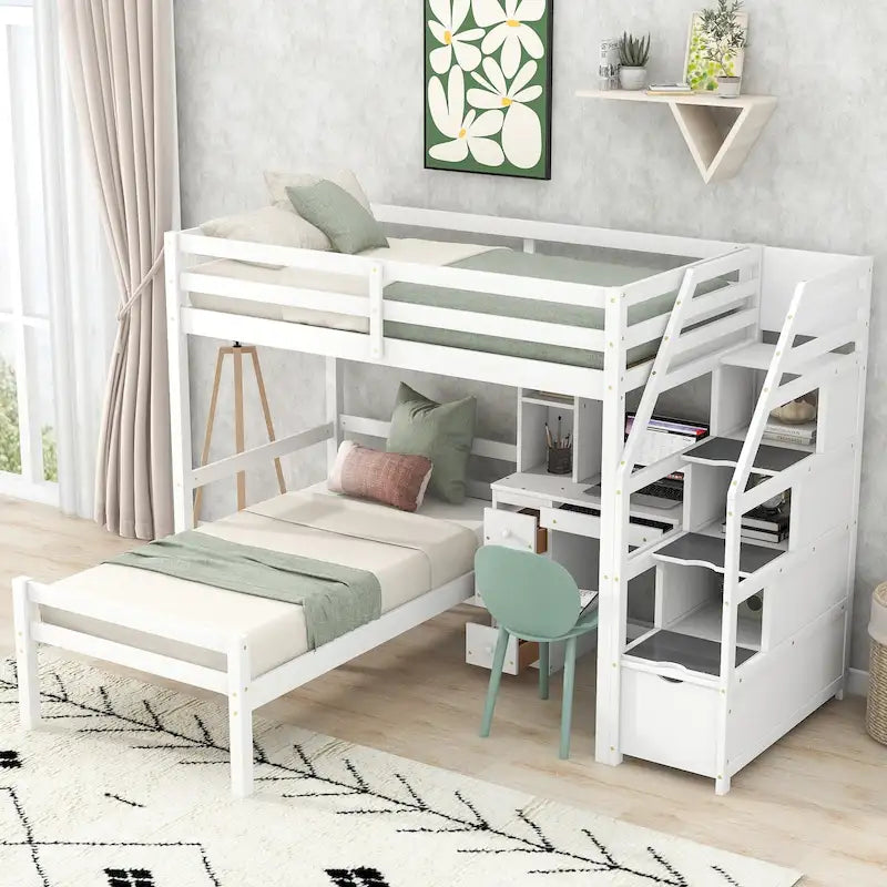 Lit superposé mezzanine en pin taille jumeau avec bureau, tiroirs et escalier de rangement