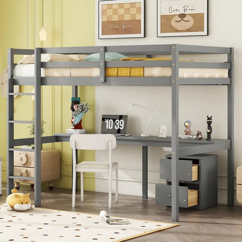 Lit mezzanine double en pin avec bureau intégré, armoire de rangement et échelle