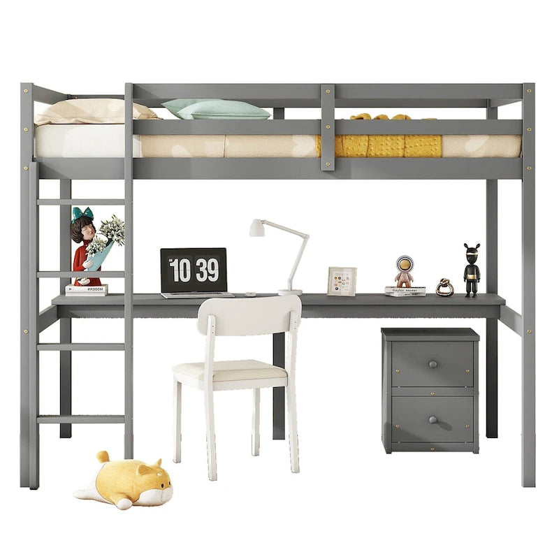 Lit mezzanine double en pin avec bureau intégré, armoire de rangement et échelle