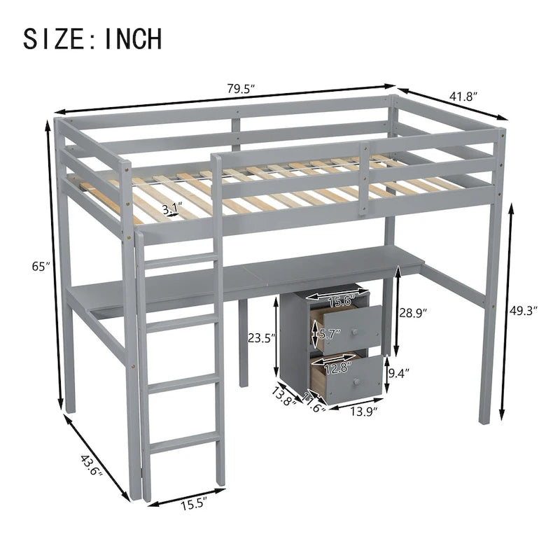 Lit mezzanine double en pin avec bureau intégré, armoire de rangement et échelle