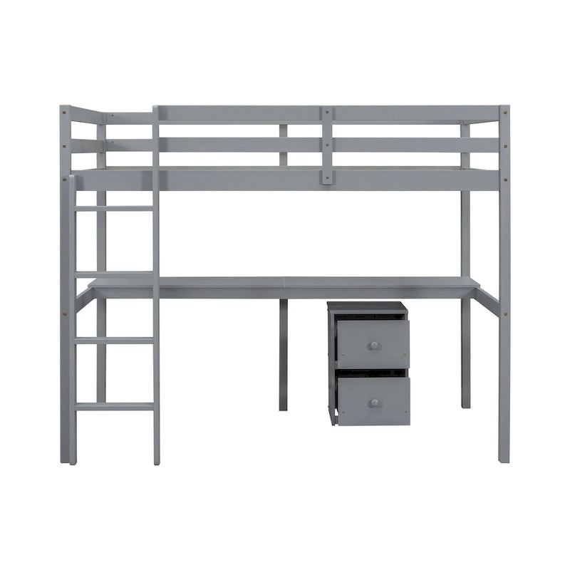 Lit mezzanine double en pin avec bureau intégré, armoire de rangement et échelle