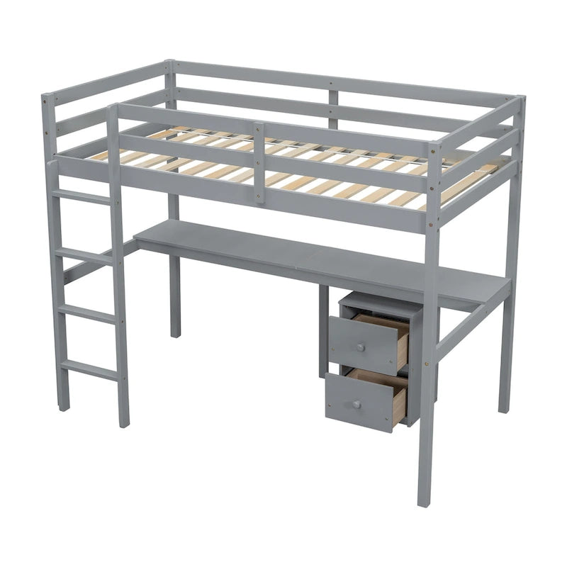 Lit mezzanine double en pin avec bureau intégré, armoire de rangement et échelle
