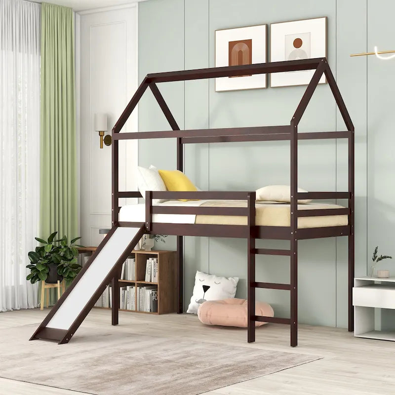 Lit mezzanine cabane en bois double avec toboggan