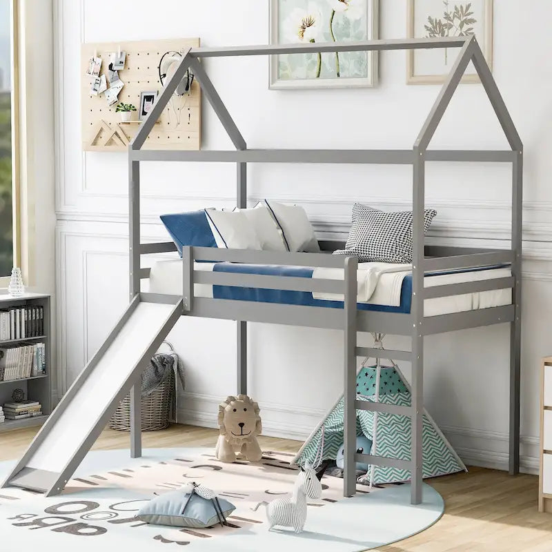Lit mezzanine cabane en bois double avec toboggan