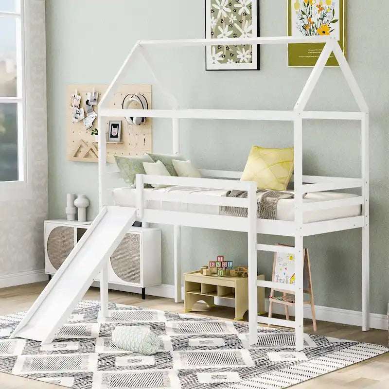 Lit mezzanine cabane en bois double avec toboggan