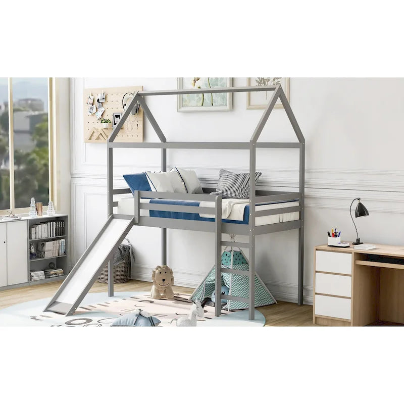 Lit mezzanine cabane en bois double avec toboggan