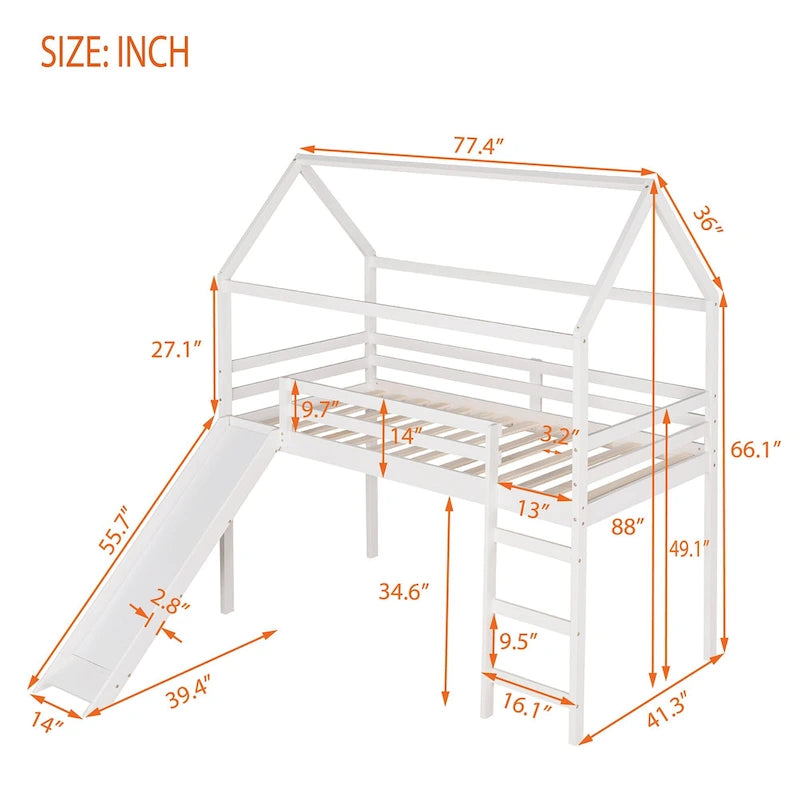 Lit mezzanine cabane en bois double avec toboggan