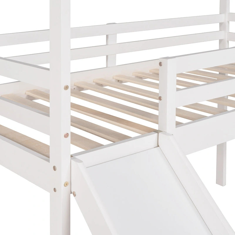 Lit mezzanine cabane en bois double avec toboggan