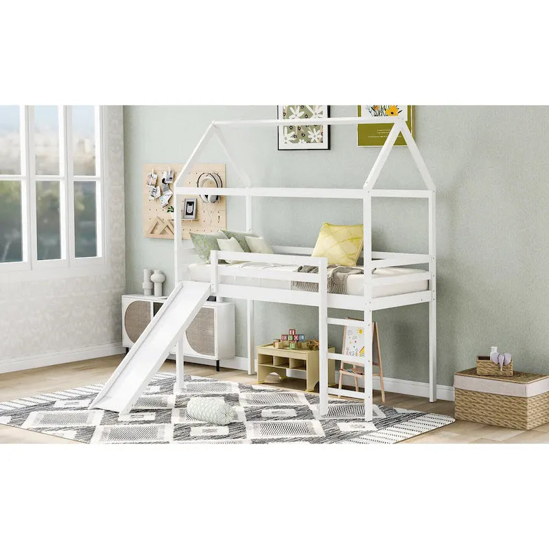 Lit mezzanine cabane en bois double avec toboggan