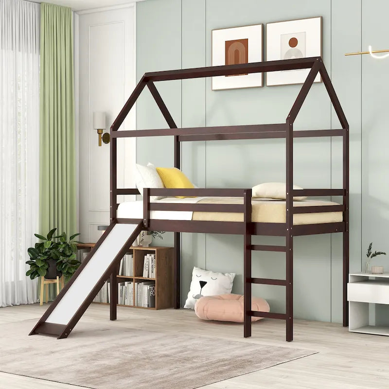 Lit mezzanine cabane en bois double avec toboggan
