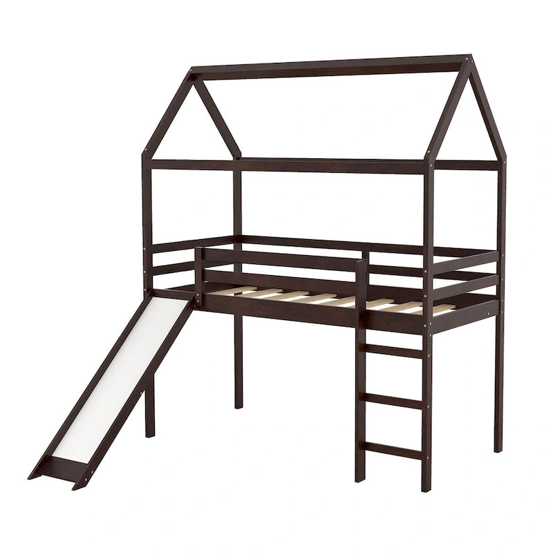 Lit mezzanine cabane en bois double avec toboggan