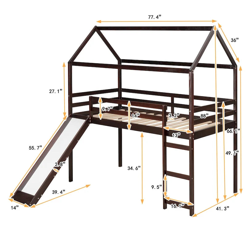 Lit mezzanine cabane en bois double avec toboggan