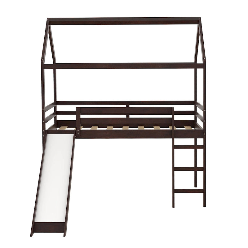 Lit mezzanine cabane en bois double avec toboggan