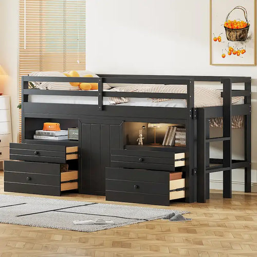 Espresso Twin Solid Wood Loft Bed with Drawers & Cabinet