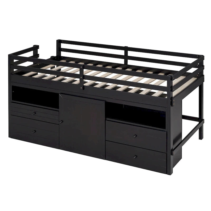 Lit mezzanine double espresso en bois massif avec tiroirs et armoire