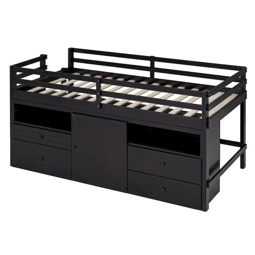 Lit mezzanine double espresso en bois massif avec tiroirs et armoire