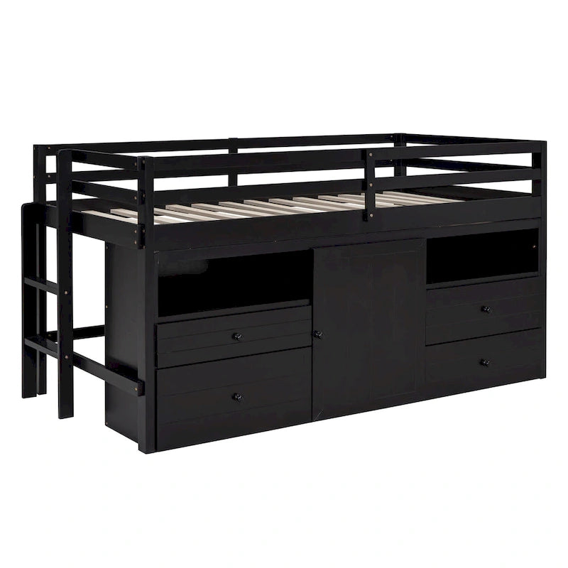 Lit mezzanine double espresso en bois massif avec tiroirs et armoire