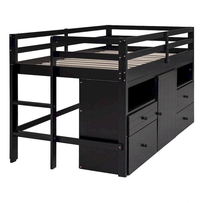 Lit mezzanine double espresso en bois massif avec tiroirs et armoire