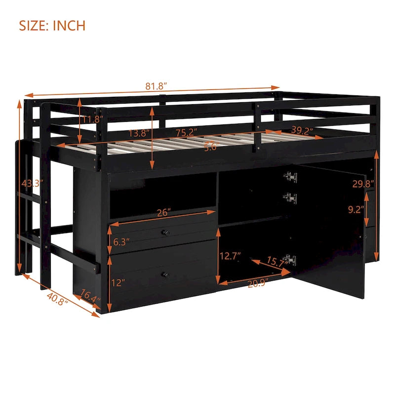 Lit mezzanine double espresso en bois massif avec tiroirs et armoire
