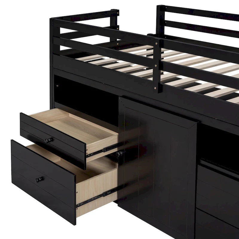 Lit mezzanine double espresso en bois massif avec tiroirs et armoire