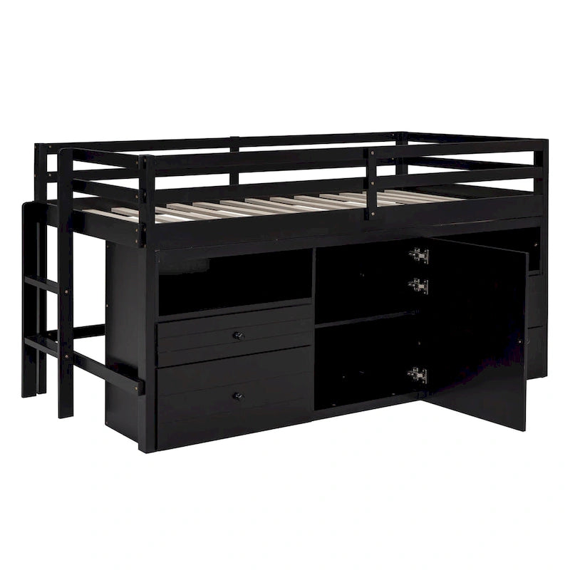 Lit mezzanine double espresso en bois massif avec tiroirs et armoire