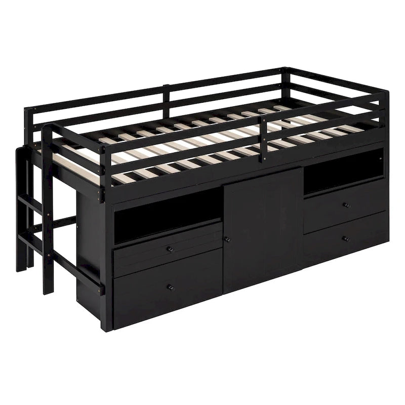 Lit mezzanine double espresso en bois massif avec tiroirs et armoire