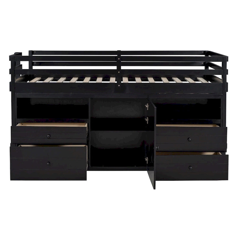 Lit mezzanine double espresso en bois massif avec tiroirs et armoire