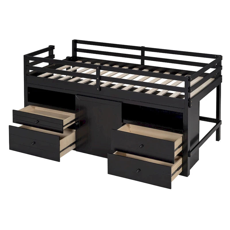 Lit mezzanine double espresso en bois massif avec tiroirs et armoire