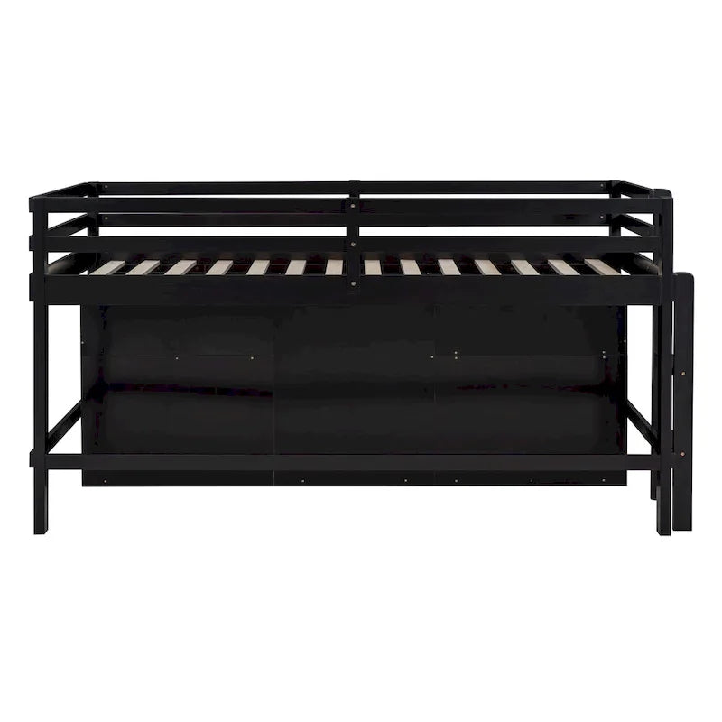 Lit mezzanine double espresso en bois massif avec tiroirs et armoire