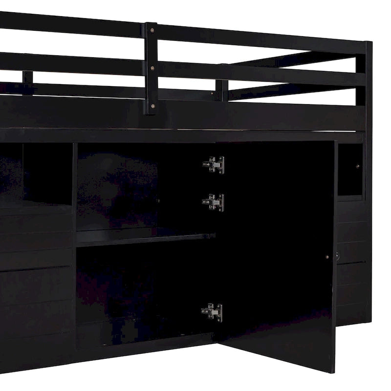 Lit mezzanine double espresso en bois massif avec tiroirs et armoire